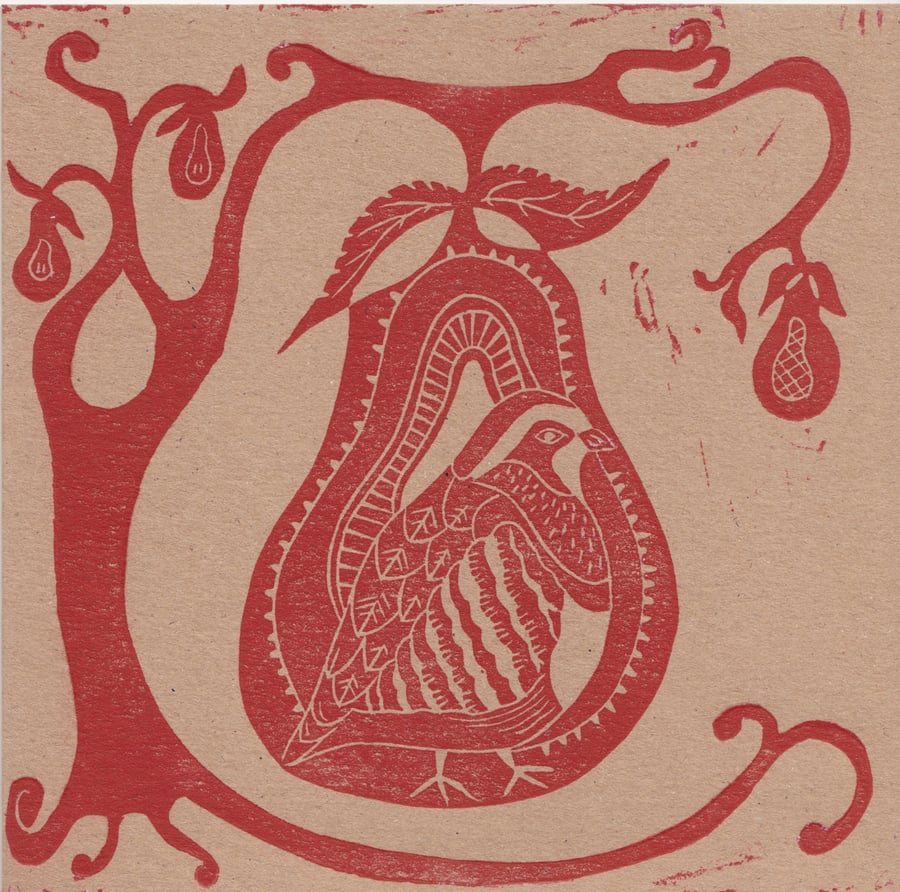 X3 HANDPRINTED CHRISTMAS CARDS - Partridge in a pear tree - red 