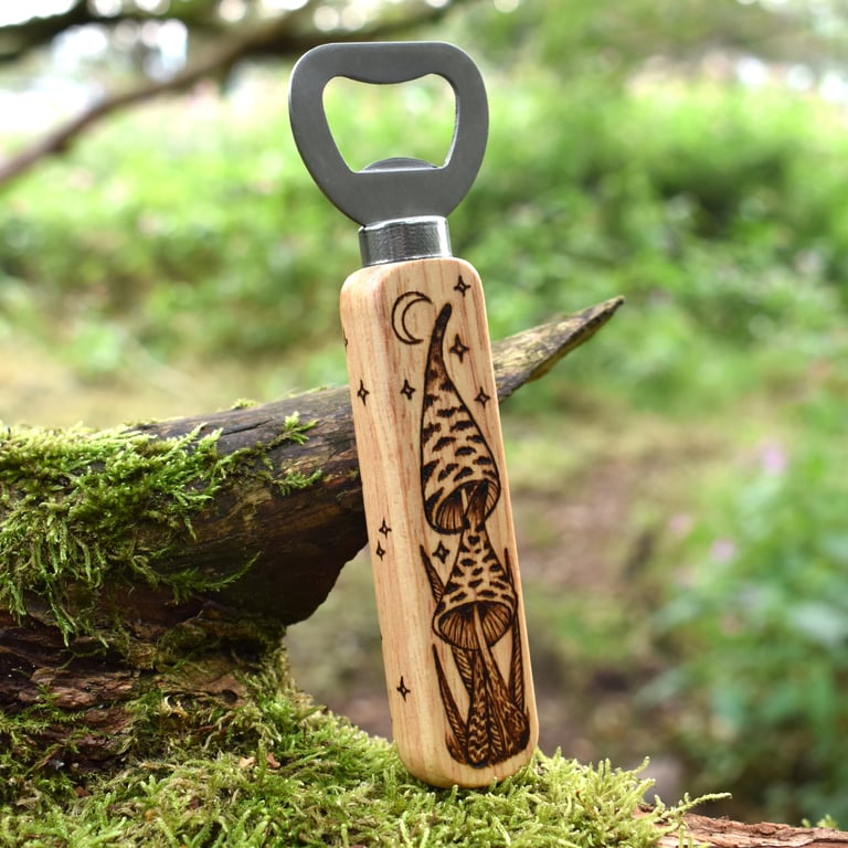 Fungi hand burned pyrography bottle opener. Practical unusual gift.