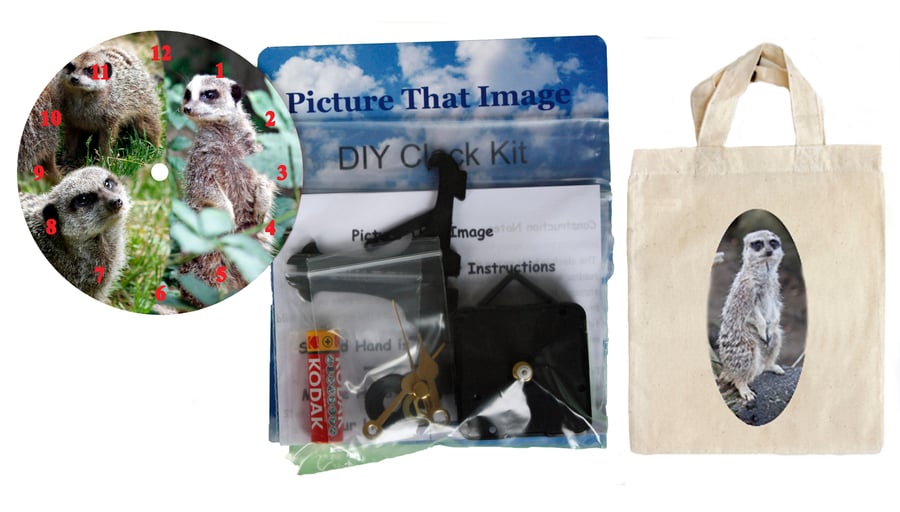 DIY 12cm Clock Kit Gift Set - Meerkats in Canvas Bag with Meerkat Motif