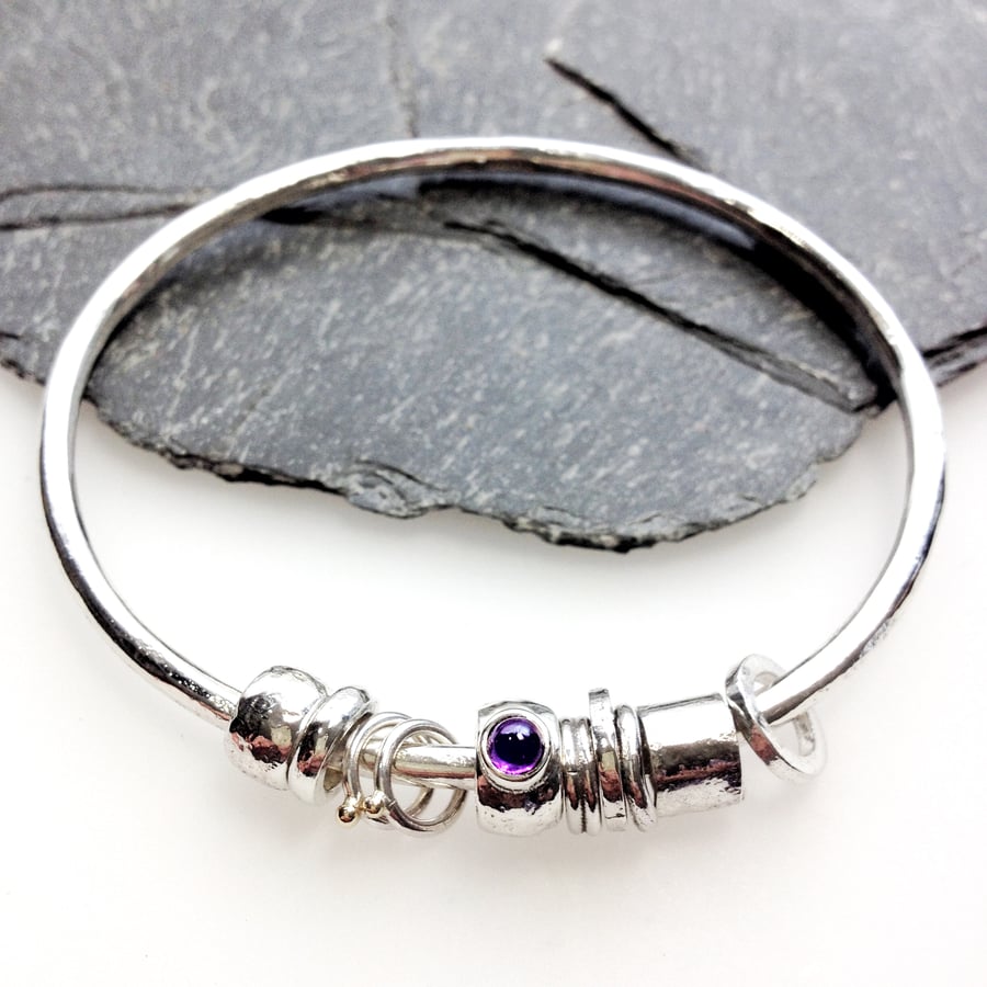 Silver amethyst and gold bangle  No Worries Bangle