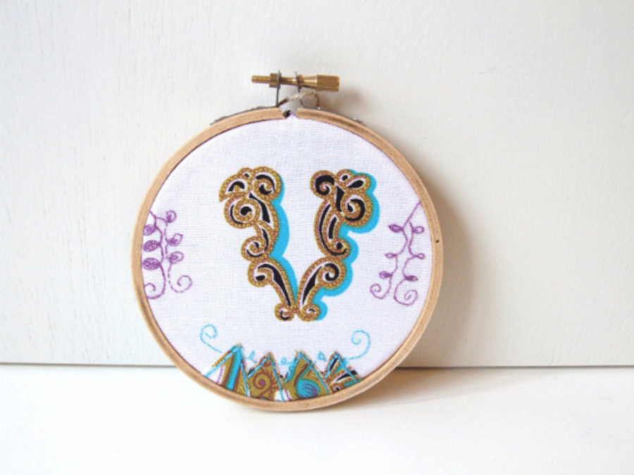 V embroidery hoop, initial letter V embroidery, alphabet art V
