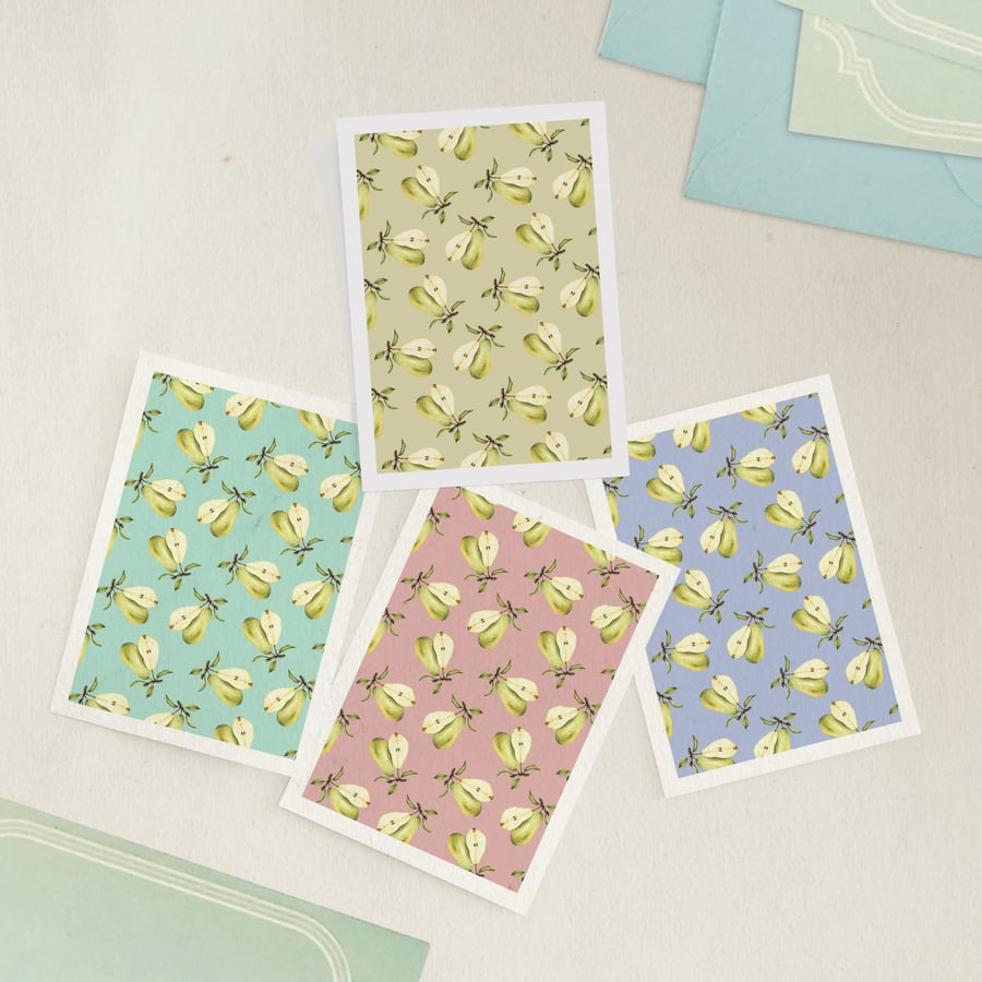 Pear mini note cards - pack of 4 blank greetings cards, A7 