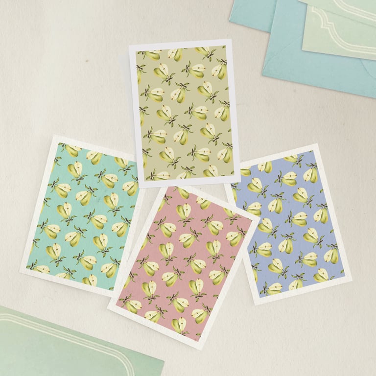 Pear mini note cards - pack of 4 blank greetings cards, A7 