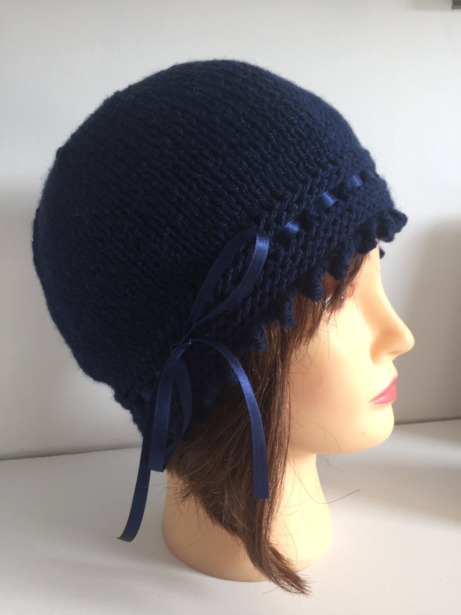 1920s Style Hat, Navy Blue Vintage Winter Hat, Ribbon Laced Beanie Hat, 