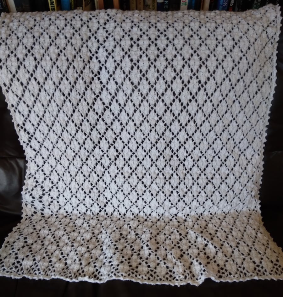 Traditional Baby Blanket or Shawl, white, crochet. Handmade,