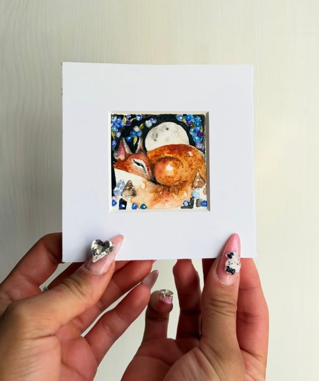 Resting Whimsical Fox Original Watercolour ACEO Painting Moonlight Woodland Art