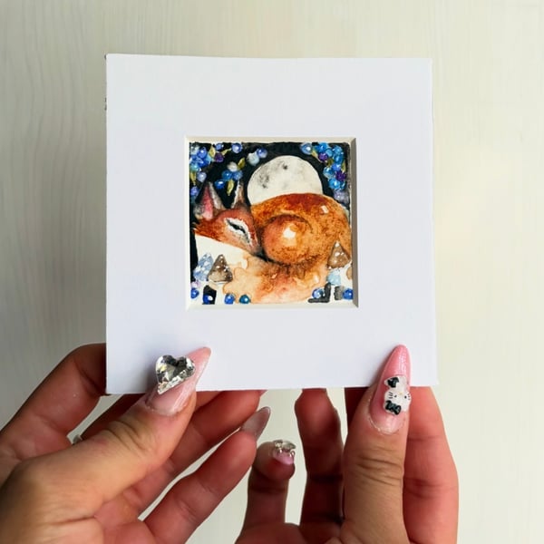 Resting Whimsical Fox Original Watercolour ACEO Painting Moonlight Woodland Art