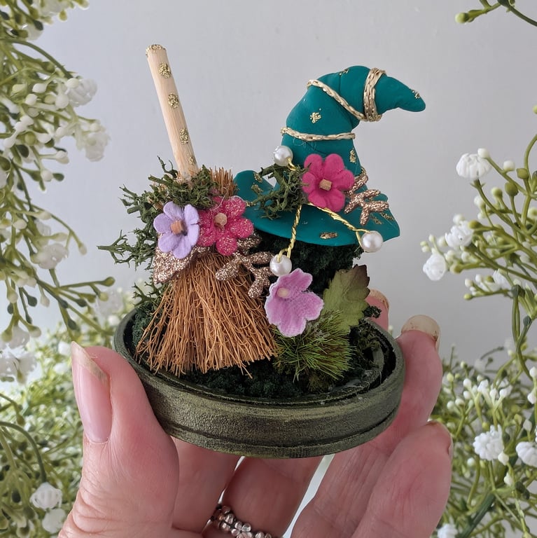 Magic Witches Hat and Broom (Turquoise) OOAK Handmade