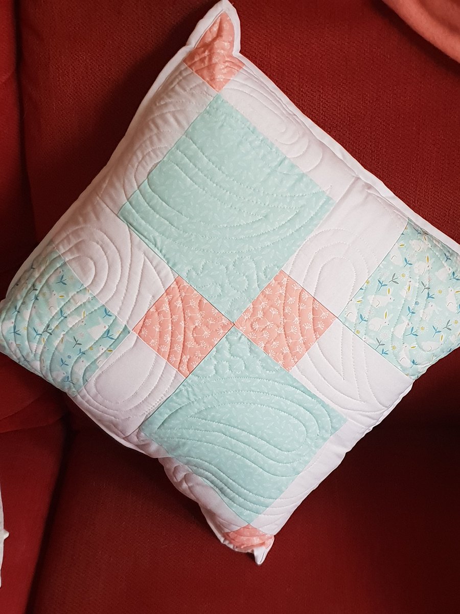 Quilted Cushion in Teal, Peach and White