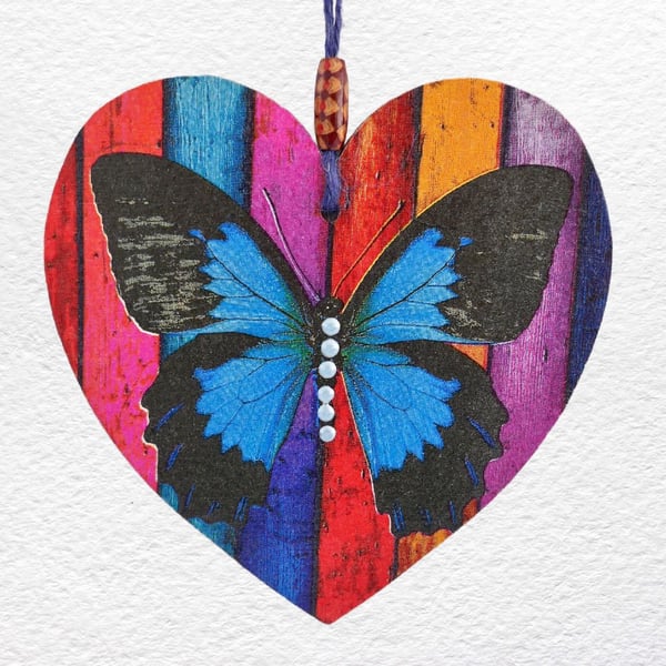 Decoupaged Wooden Hanging Heart 15cm (6") Blue Butterfly design