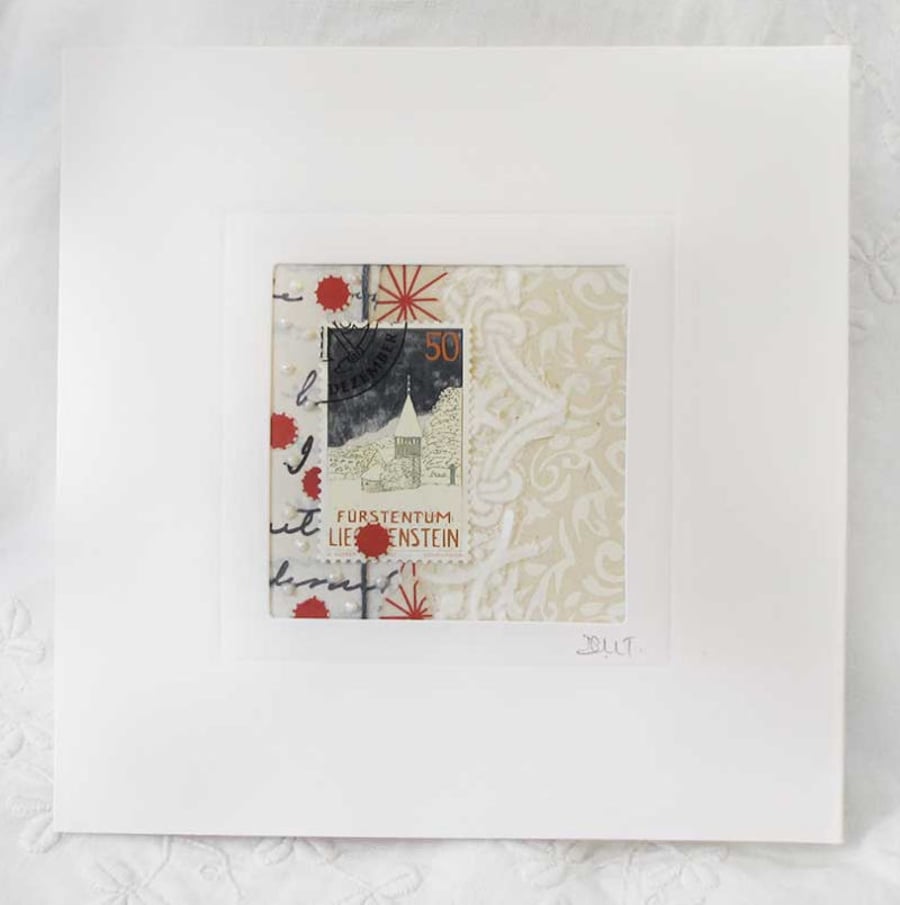 CHRISTMAS WINTER CARD MIXED MEDIA COLLAGE AND POSTAGE STAMP