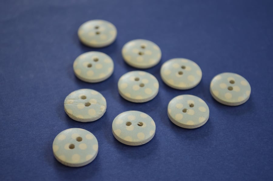 15mm Wooden Spotty Buttons Baby Blue With White Dots 10pk Spot Dot (SSP9)