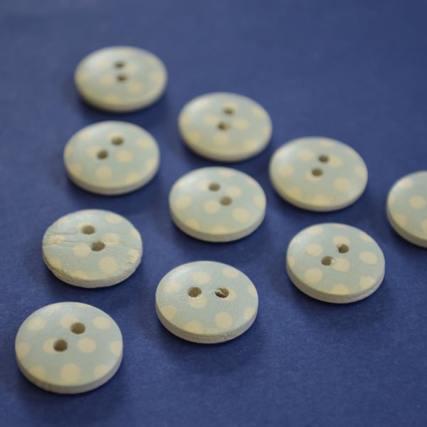 15mm Wooden Spotty Buttons Baby Blue With White Dots 10pk Spot Dot (SSP9)