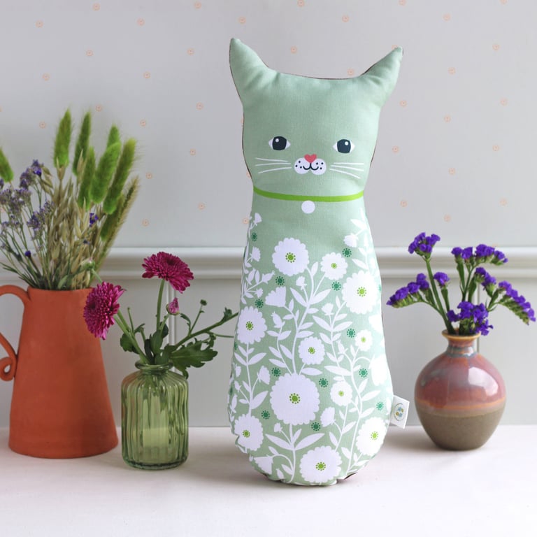Green Cat Cushion - Colourful Fabric Cat - Decorative Animal Cushion - Cat Gift