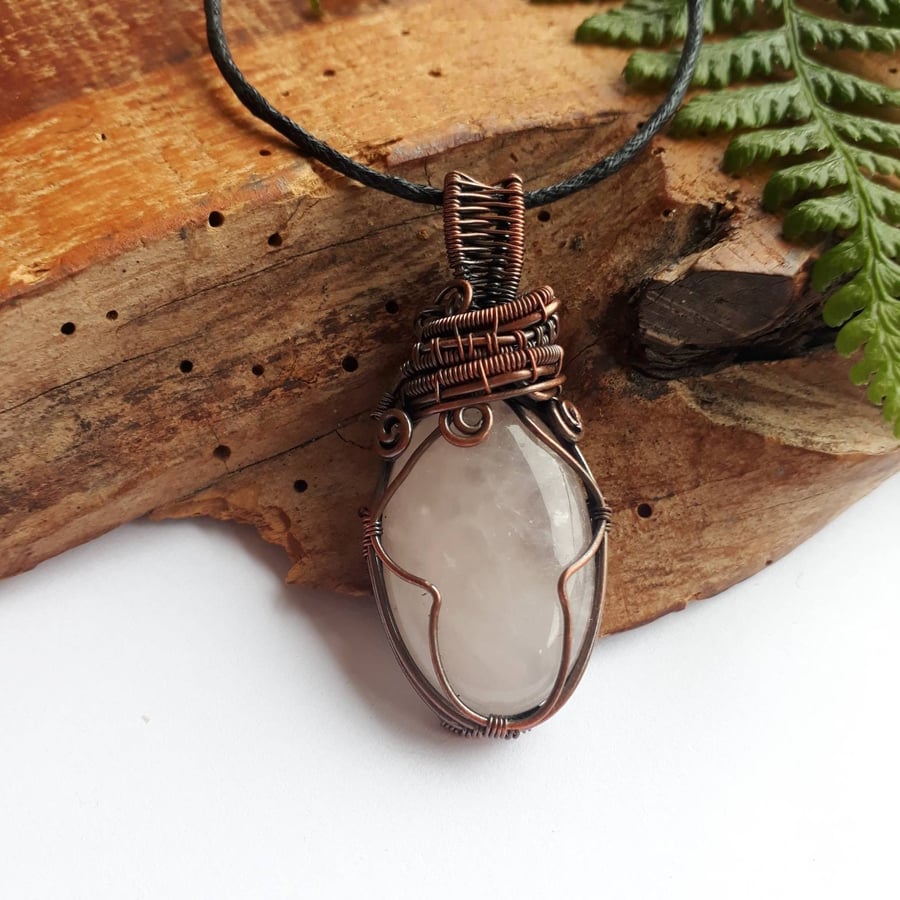 Rose Quartz Pendant, Copper Wire Wrap Necklace, Gifts for Women