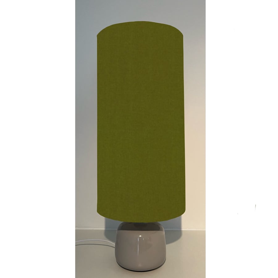 Olive green cotton drum extra tall cylindrical lampshade, with a white lining
