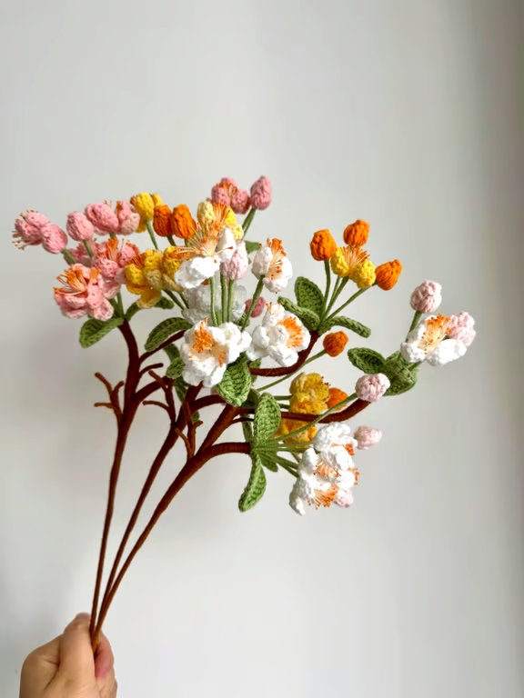 Hand-Crocheted Begonia Branch Cotton Acrylic Stems  Realistic Floral Decor
