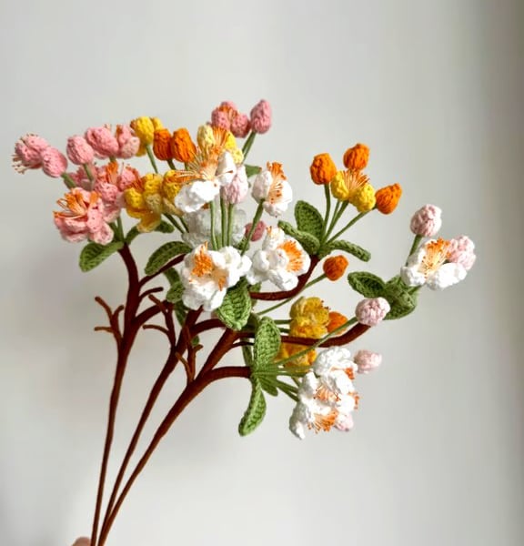 Hand-Crocheted Begonia Branch Cotton Acrylic Stems  Realistic Floral Decor