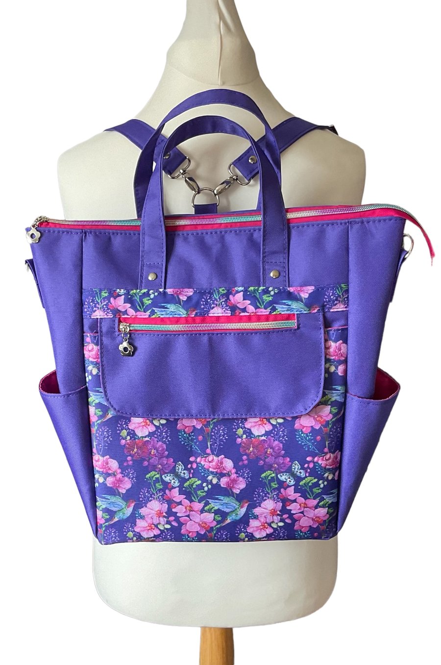 Backpack Water resistant and convertible with hummingbirds 