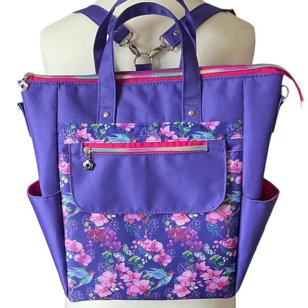 Backpack Water resistant and convertible with hummingbirds 