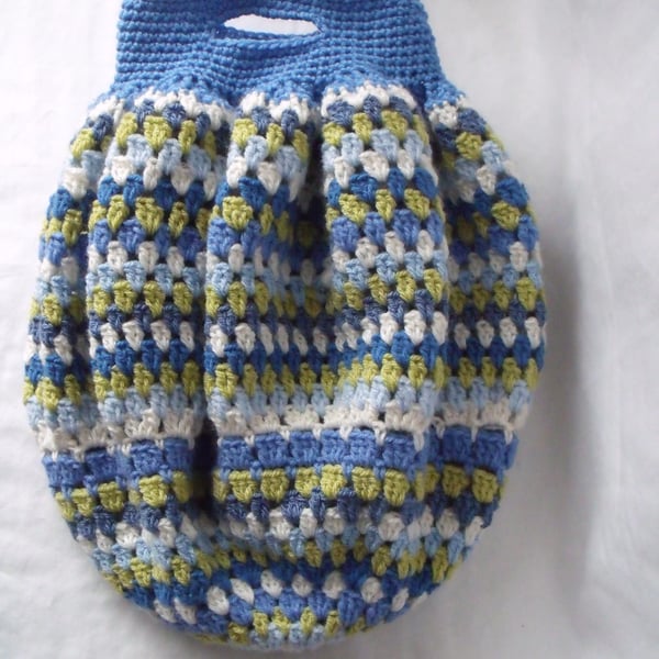 one of a kind crocheted granny bag in blue and green