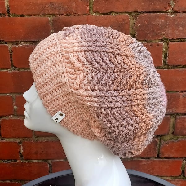 Crochet slouchy beanie, multicoloured pastel winter hat