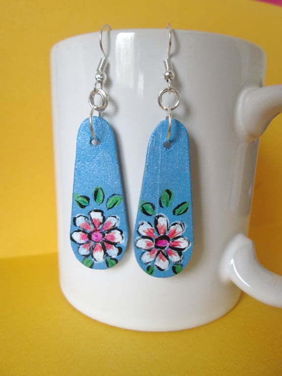 Handpainted wooden drop earrings. Up-cycled