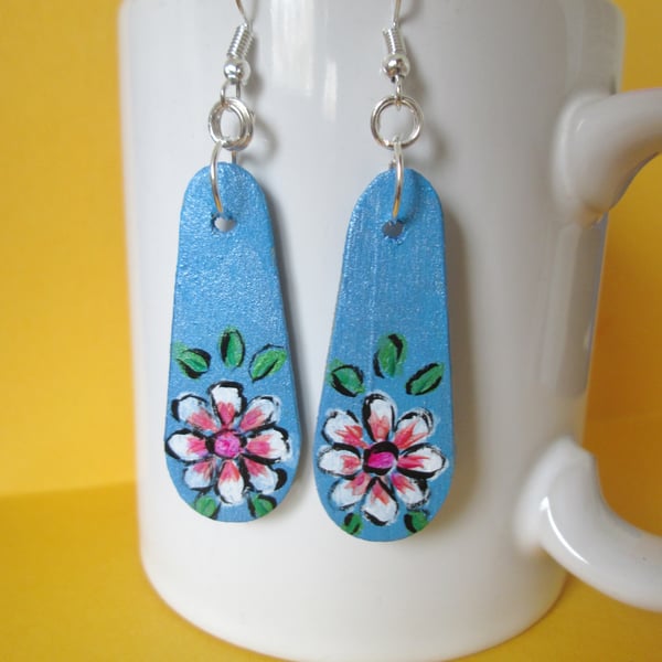 Handpainted wooden drop earrings. Up-cycled