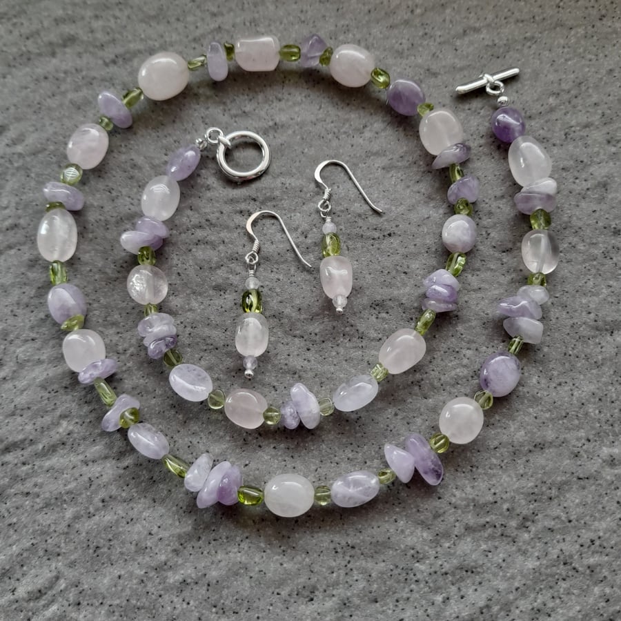 Rose Quartz Peridot Amethyst Necklace and Earring Set 