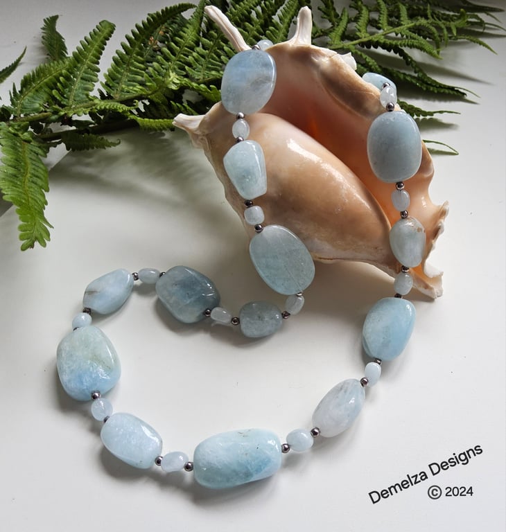Designer Natural Chunky Brazilian Aquamarine Sterling Silver Necklace