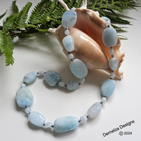  Luxury Statement Organic Brazilian Aquamarine Sterling Silver Necklace