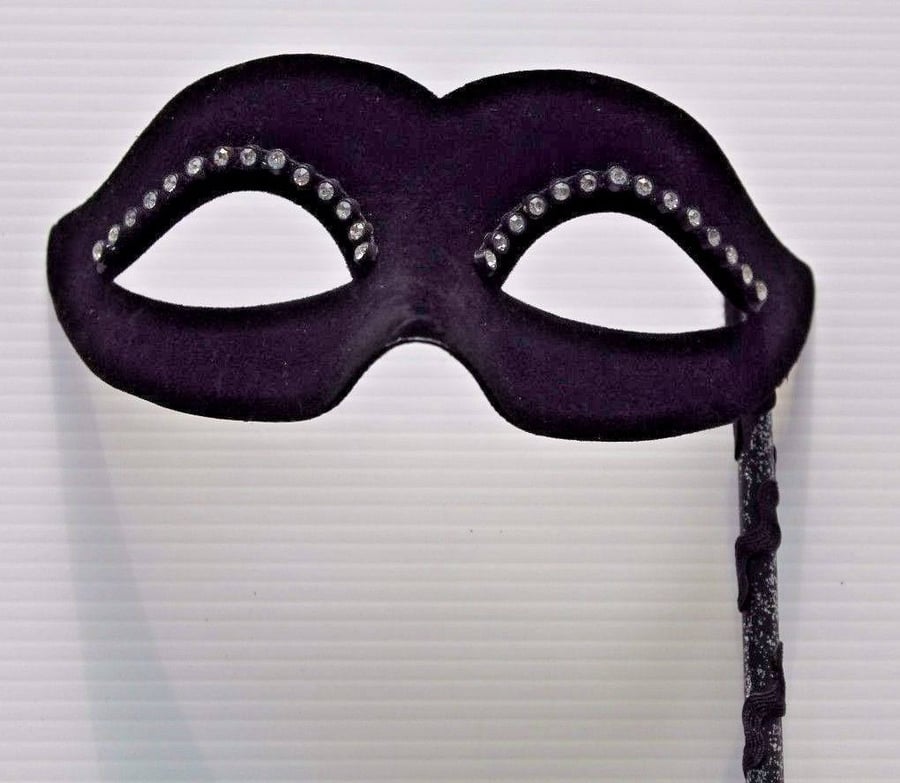 Velvet Diamonte Black Masquerade Mask on a Stick