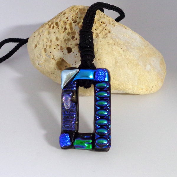 Dichroic glass pendant art rectangle Blue eyes Metal-free