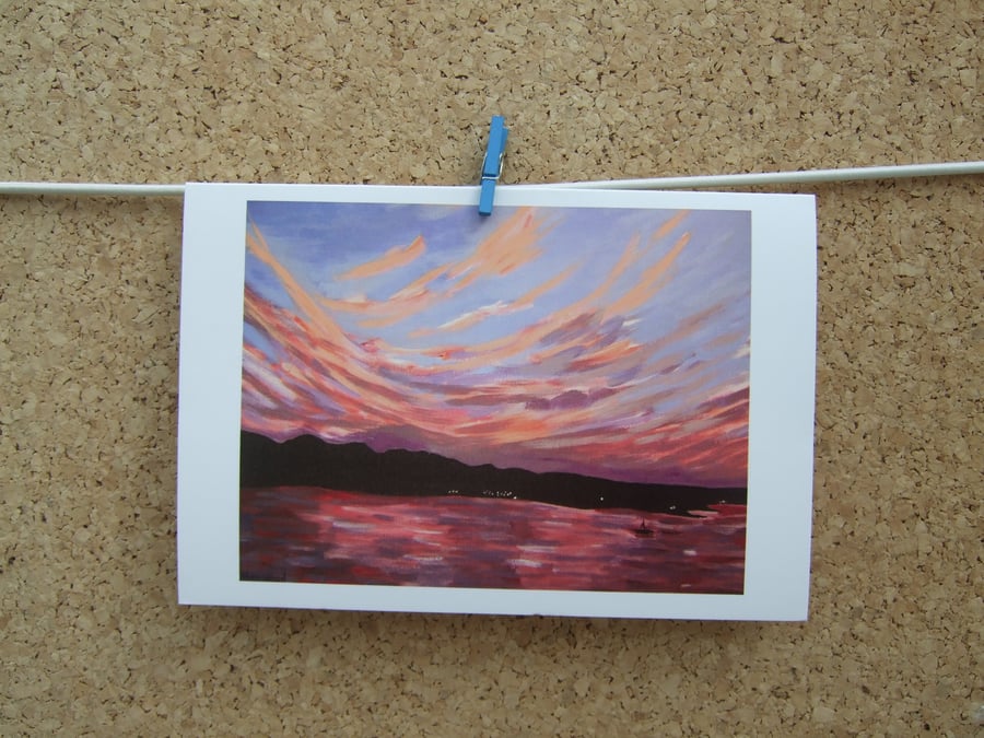 Art Greetings Card, Colourful Pink Sunset, Seascape 