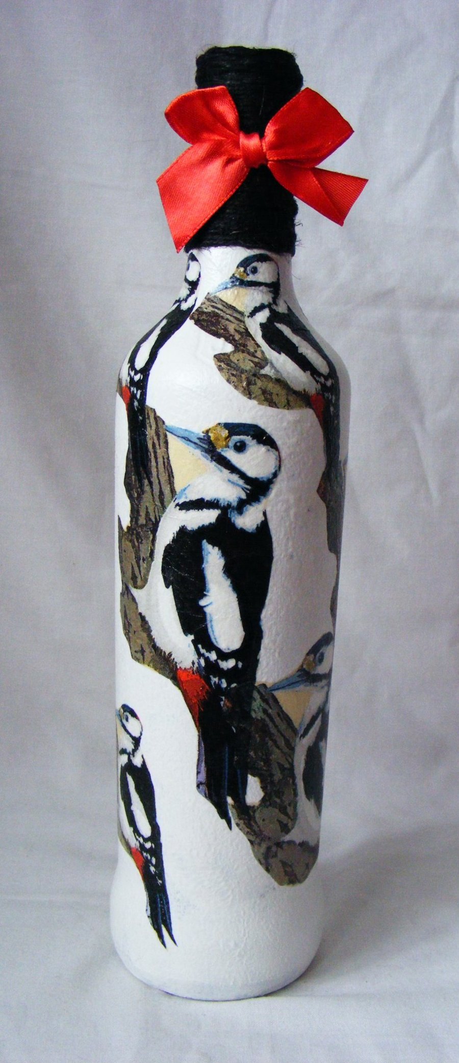 Woodpecker decoupage recycled bottle ornament