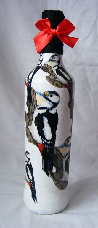 Woodpecker decoupage recycled bottle ornament