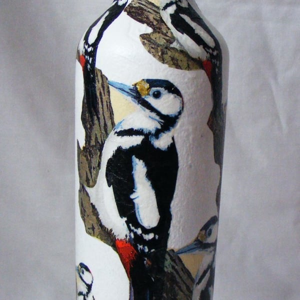 Woodpecker decoupage recycled bottle ornament