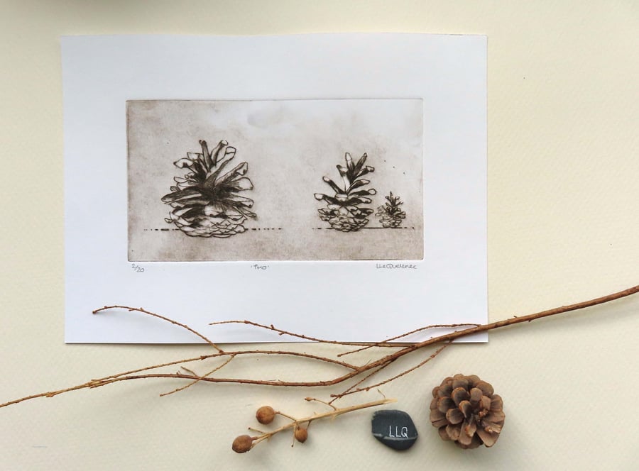 Original drypoint etching of three pinecones in sepia limited edition
