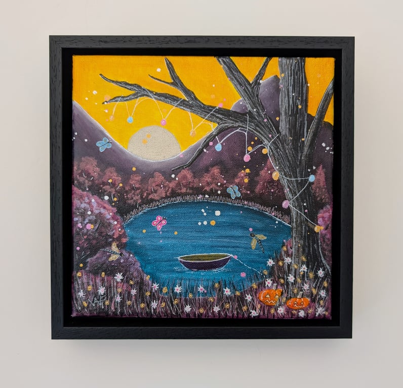 Halloween By The Lake Original Acrylic Painting Framed