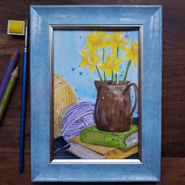 Daffodils, books and yarn - framed original artwork 