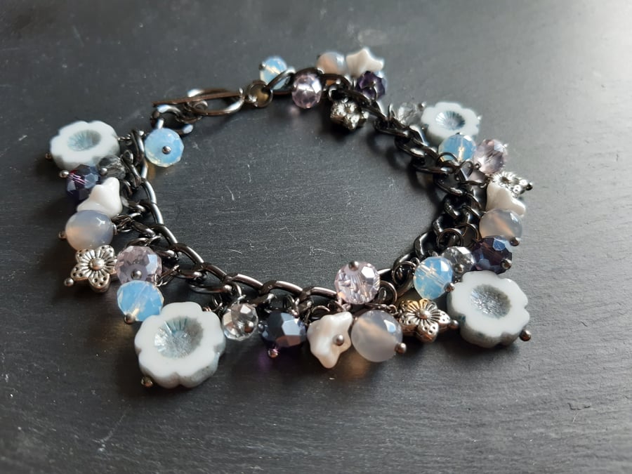 Moonlight Blossom Czech glass, agate and crystal charm bracelet 