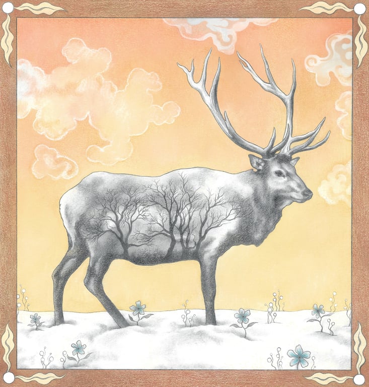 Deer Art Print - Stag drawing, Giclee print, Winter Elk, pencil drawing 
