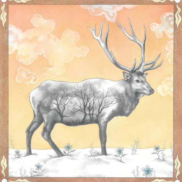 Deer Art Print - Stag drawing, Giclee print, Winter Elk, pencil drawing 