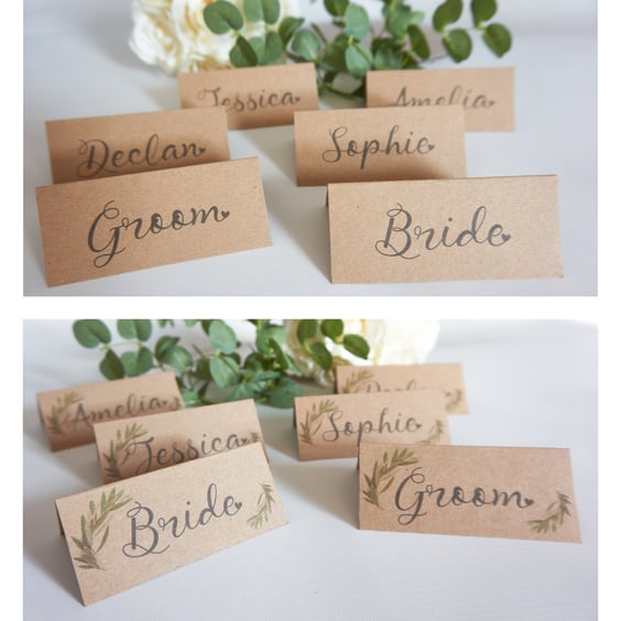 6x personalised NAME place CARDS Wedding table setting rustic olives green frame