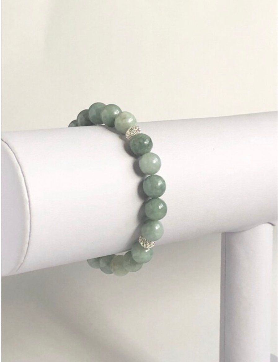 Sterling Silver Jadeite Beaded Stretch Bracelet, with Decorative Spacers