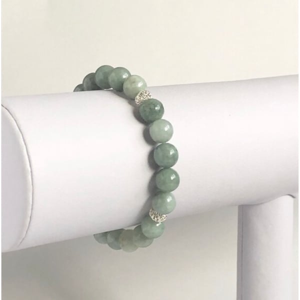 Sterling Silver Jadeite Beaded Stretch Bracelet, with Decorative Spacers