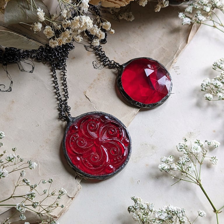 Red glass necklace, One art deco soldered stained glass statement necklace.