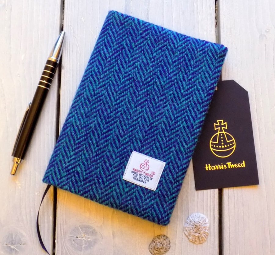 A6 Harris Tweed covered 2020 diary in purple and aqua herringbone. Week to view