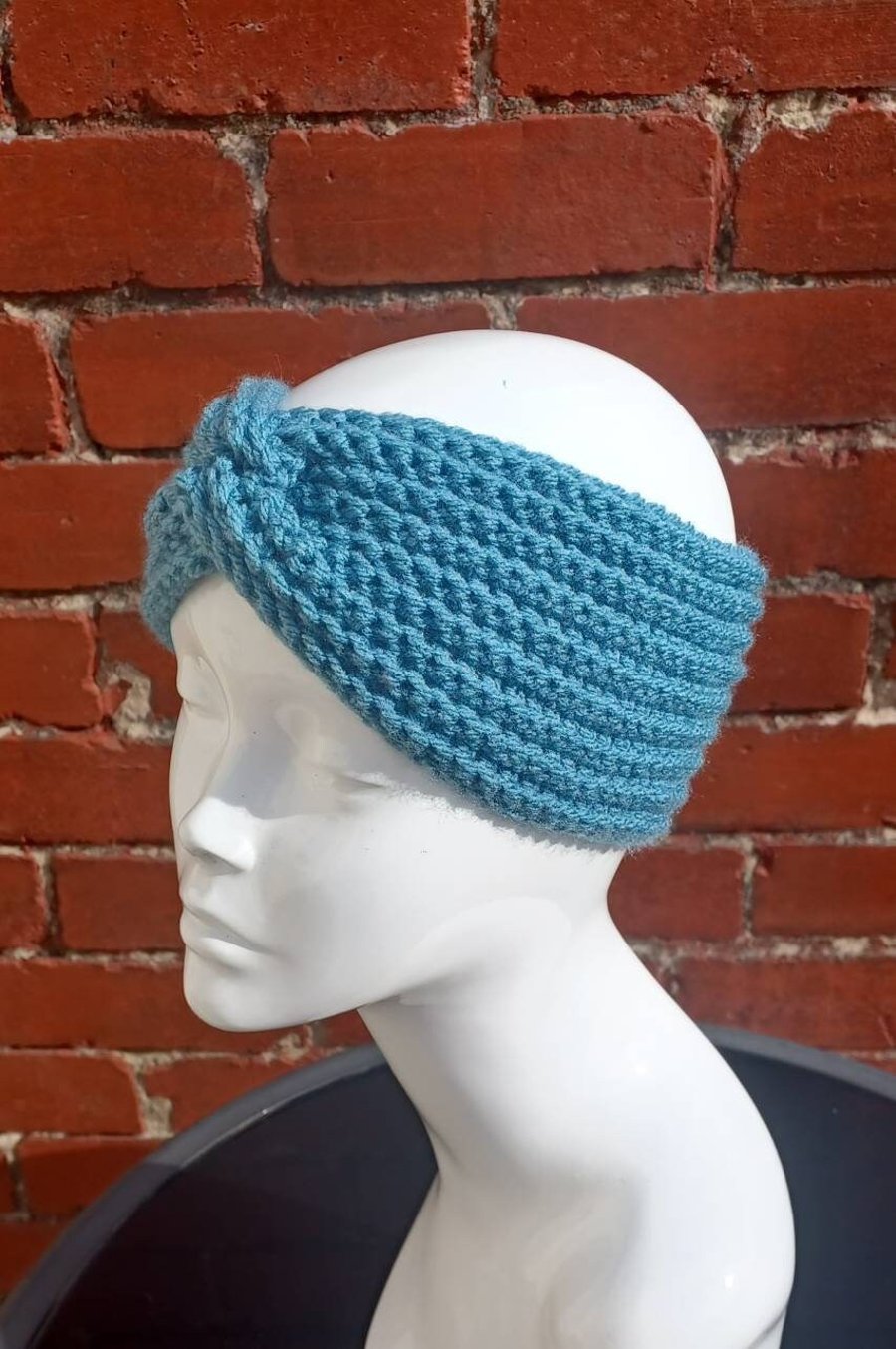 Blue crochet ear warmer, chunky wide twisted headband