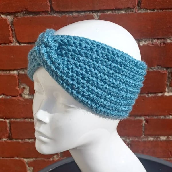 Blue crochet ear warmer, chunky wide twisted headband